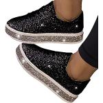 Schwarze Elegante Pailletten-Sneaker mit Strass mit Schnürsenkel in Breitweite aus PU leicht für Damen Größe 36 