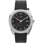 Schwarze Elegante Wasserdichte Timex Automatik Herrenarmbanduhren mit 24-Stunden-Anzeige mit Nachtleuchtfunktion mit Lederarmband 