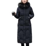 Schwarze Gesteppte Elegante Winddichte Maxi Stehkragen Daunenmäntel lang mit Reißverschluss mit Kapuze für Damen Größe L für den für den Winter 