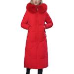 Rote Gesteppte Elegante Winddichte Maxi Stehkragen Daunenmäntel lang mit Reißverschluss mit Kapuze für Damen Größe XL für den für den Winter 