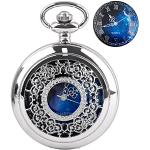 Tiong Taschenuhr Blau Sternennacht Mond Armbanduhr Römische Zahlen Skala mit Kette, silber, blau, Retro