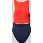 Rote Tommy Hilfiger Badeanzüge mit hohem Beinausschnitt mit Cutwork aus Polyamid für Damen Größe L 