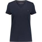 Reduzierte Blaue Bestickte Kurzärmelige Tommy Hilfiger Basic Bio V-Ausschnitt T-Shirts aus Baumwolle für Damen Größe S 