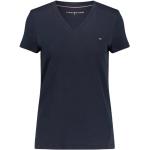 Reduzierte Blaue Bestickte Kurzärmelige Tommy Hilfiger Basic Bio V-Ausschnitt T-Shirts aus Baumwolle für Damen Größe XS 