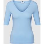 Hellblaue Unifarbene Halblangärmelige Tommy Hilfiger V-Ausschnitt T-Shirts aus Baumwolle für Damen Größe S 