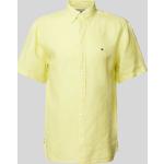 Gelbe Unifarbene Halblangärmelige Tommy Hilfiger Button Down Kragen Leinenhemden aus Leinen für Herren Größe 3 XL 