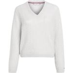Weiße Bestickte Tommy Hilfiger V-Ausschnitt Zopfpullover aus Wolle für Damen Größe M 