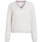 Weiße Bestickte Tommy Hilfiger V-Ausschnitt Zopfpullover aus Wolle für Damen Größe S 