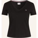 Schwarze Tommy Hilfiger TOMMY JEANS Bio V-Ausschnitt T-Shirts aus Baumwolle für Damen Größe M 