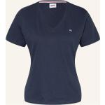 Dunkelblaue Tommy Hilfiger TOMMY JEANS Bio V-Ausschnitt T-Shirts aus Baumwolle für Damen Größe XS 