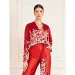 Rote Blumenmuster Langärmelige Guess Marciano V-Ausschnitt Festliche Blusen aus Satin für Damen Größe L 