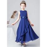 Blaue Unifarbene Ärmellose Topmelon Maxi Rundhals-Ausschnitt Kinderfestkleider mit Reißverschluss aus Chiffon Handwäsche für Mädchen 