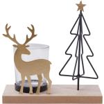 Goldene Rustikale 15 cm Weihnachts-Teelichthalter mit Hirsch-Motiv aus Holz 