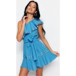 Blaue Trendyol Mini Schulterfreie Spaghettiträger-Kleider aus Baumwolle für Damen Größe M 