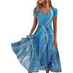 Himmelblaue Blumenmuster Vintage V-Ausschnitt Kurze Abendkleider aus Chiffon für Damen Größe 4 XL Große Größen für Brautjungfern für den für den Sommer 