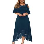 Hellblaue Unifarbene Elegante Langärmelige Maxi Rundhals-Ausschnitt Schulterfreie Kleider mit Rüschen aus Spitze für Damen Übergrößen Große Größen für Partys für den für den Sommer 