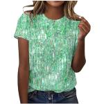 Grüne Elegante Kurzärmelige V-Ausschnitt T-Shirts mit Glitzer aus Spitze für Damen Größe M Große Größen für den für den Sommer 