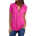 Pinke Unifarbene Elegante Kurzärmelige V-Ausschnitt Tunika-Blusen mit Reißverschluss aus Chiffon für Damen Größe M Große Größen für den für den Sommer 