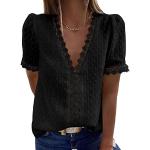 Schwarze Unifarbene Elegante Kurzärmelige V-Ausschnitt Tunika-Blusen aus Musselin für Damen Größe XXL für den für den Sommer 
