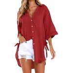 Rote Bestickte Oversize V-Ausschnitt Tunika-Blusen mit Glitzer mit Knopf aus Seide mit Kapuze für Damen Übergrößen für den für den Sommer 