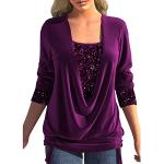 Violette Elegante 3/4-ärmelige Rundhals-Ausschnitt T-Shirts mit Glitzer aus Spitze für Damen Größe M für den für den Herbst 