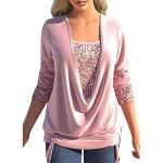 Rosa Elegante 3/4-ärmelige Rundhals-Ausschnitt T-Shirts mit Glitzer aus Spitze für Damen Größe L für den für den Herbst 