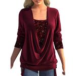 Rote Elegante 3/4-ärmelige Rundhals-Ausschnitt T-Shirts mit Glitzer aus Spitze für Damen Größe 4 XL für Partys für den für den Herbst 