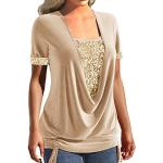 Khakifarbene Elegante 3/4-ärmelige Rundhals-Ausschnitt T-Shirts mit Glitzer aus Spitze für Damen Größe 4 XL für den für den Herbst 