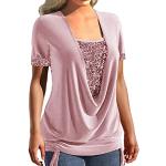 Rosa Elegante 3/4-ärmelige Rundhals-Ausschnitt T-Shirts mit Glitzer aus Spitze für Damen Größe 4 XL für den für den Herbst 
