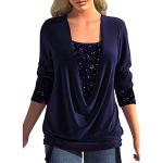 Marineblaue Elegante 3/4-ärmelige Rundhals-Ausschnitt T-Shirts mit Glitzer aus Spitze für Damen Größe 4 XL für den für den Herbst 