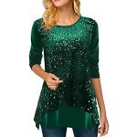 Grüne Elegante 3/4-ärmelige Rundhals-Ausschnitt T-Shirts mit Glitzer aus Spitze für Damen Größe M für den für den Herbst 