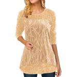 Goldene Elegante 3/4-ärmelige Rundhals-Ausschnitt T-Shirts mit Glitzer aus Spitze für Damen Größe XXL für den für den Herbst 