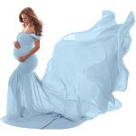 Hellblaue Elegante Maxi Schulterfreie Umstandsabendkleider mit Rüschen aus Chiffon für Damen Einheitsgröße zur Hochzeit 