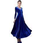 Royalblaue Langärmelige Maxi V-Ausschnitt Taillierte Kleider aus Samt für Damen Größe XXL für Partys 