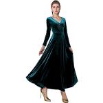 Reduzierte Blaue Langärmelige Maxi V-Ausschnitt Lange Abendkleider aus Samt für Damen Größe S für Partys 
