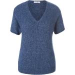 Reduzierte Blaue Halblangärmelige Peter Hahn V-Ausschnitt Wollpullover mit Vogel-Motiv aus Wolle maschinenwaschbar für Damen 