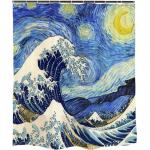 Van Gogh Starry Night Duschvorhang für Badezimmerzubehör, japanische Malerei Hokusai The Great Wave Off Kanagawa Badezimmer Dekor, kein Liner benötigt waschbar, blau, 72 'x 72'