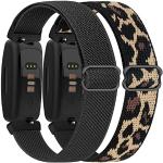 Vancle 2 Stück Elastische Armband für Fitbit Inspire/Inspire HR/Inspire 2 Armband, Verstellbares Nylon Dehnbar Ersatzarmband für Damen Herren (Schwarz+Leopard)