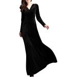 Schwarze Unifarbene Elegante Langärmelige V-Ausschnitt Lange Abendkleider mit Glitzer aus Baumwolle für Damen Größe 3 XL für Partys für den für den Winter 