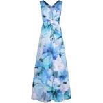 Reduzierte Blaue Blumenmuster Elegante Ärmellose Vera Mont Maxi V-Ausschnitt Lange Abendkleider mit Volants aus Chiffon für Damen Größe XXL 