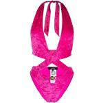 Reduzierte Pinke VERSACE V-Ausschnitt Damenbadeanzüge ohne Verschluss aus Samt mit verstellbaren Trägern Größe L 