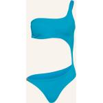 Reduzierte Türkise VERSACE One Shoulder Badeanzüge mit hohem Beinausschnitt mit Cutwork aus Polyamid ohne Bügel für Damen Größe M 