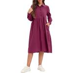 Burgundfarbene Casual Langärmelige Midi Midikleider & knielange Kleider mit Knopf aus Baumwolle Handwäsche für Damen Größe XL für den für den Herbst 