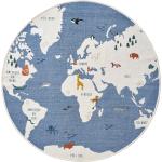 Blaue Runde Kinderteppiche 120 cm mit Weltkartenmotiv aus Viskose 