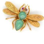 Hellgrüne Vintage Runde Broschen mit Insekten-Motiv aus Gold 14 Karat mit Jade 