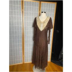 Vintage 1930Er Braune Spitze Und Cremefarbenes Seidenkleid Mit Perlen, Größe Klein