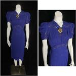 Royalblaue Vintage Damenkleider mit Knopf aus Brokat Größe M 