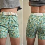 Petrolfarbene Blumenmuster Vintage High Waist Shorts mit Gürtel mit Reißverschluss für Damen Größe XS für den für den Sommer 