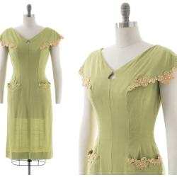 Vintage 1950Er Jahre Kleid | 50Er Leinen Spitze Hellgrün Perlen Strass Etuikleid Tageskleid Mit Taschen | Small/Medium