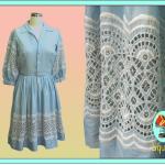 Hellblaue Bestickte Vintage 3/4-ärmelige Partykleider mit Knopf aus Baumwolle für Damen 